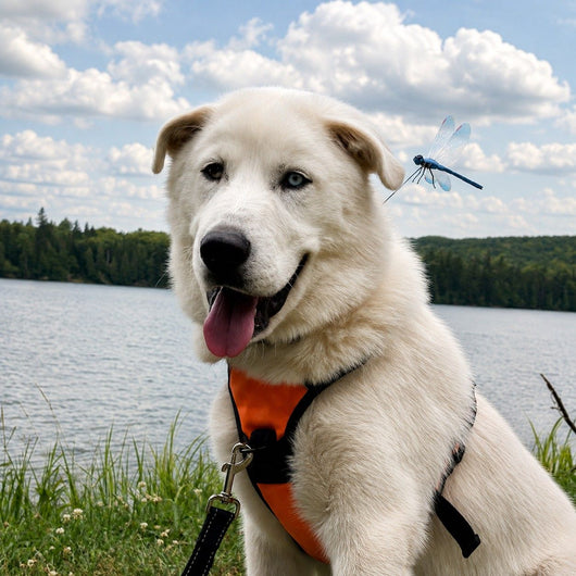 Dog wearing PupWing insect-repellent clip on harness at the lake