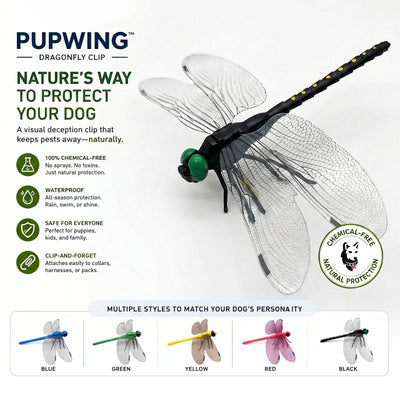 PupWing dragonfly clip product shot with chemical-free, waterproof, and clip-and-forget benefits