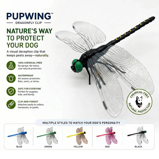 PupWing dragonfly clip product shot with chemical-free, waterproof, and clip-and-forget benefits