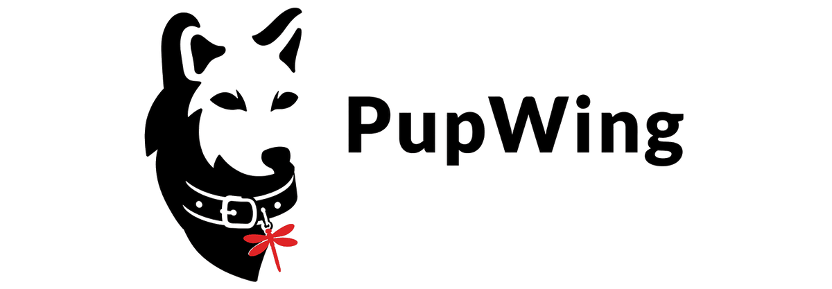 PupWing logo featuring a wolf head and red dragonfly icon